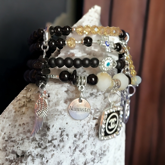 Black CC Crystal Namaste Charmed bracelets Set - Picture 5 of 7